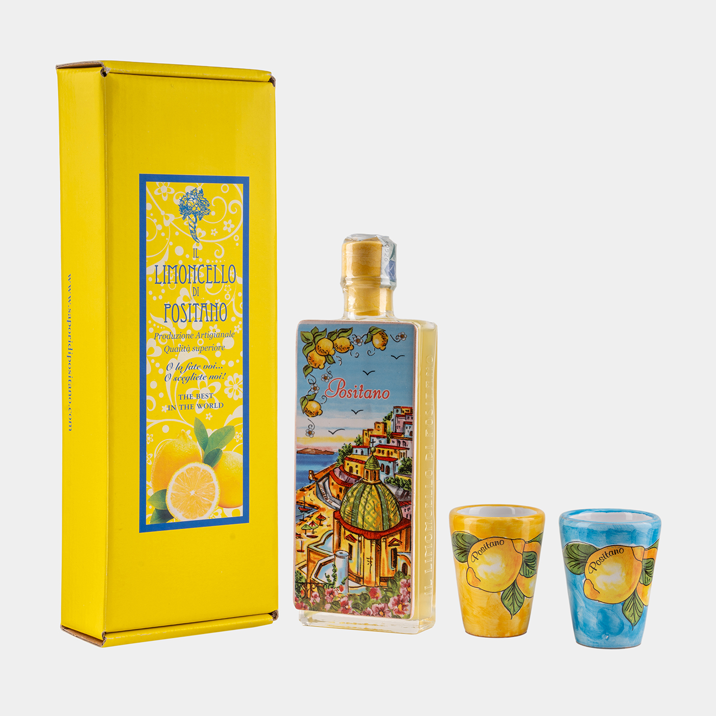 Limoncello bottle of 50 cl decorated with two hand-painted glasses